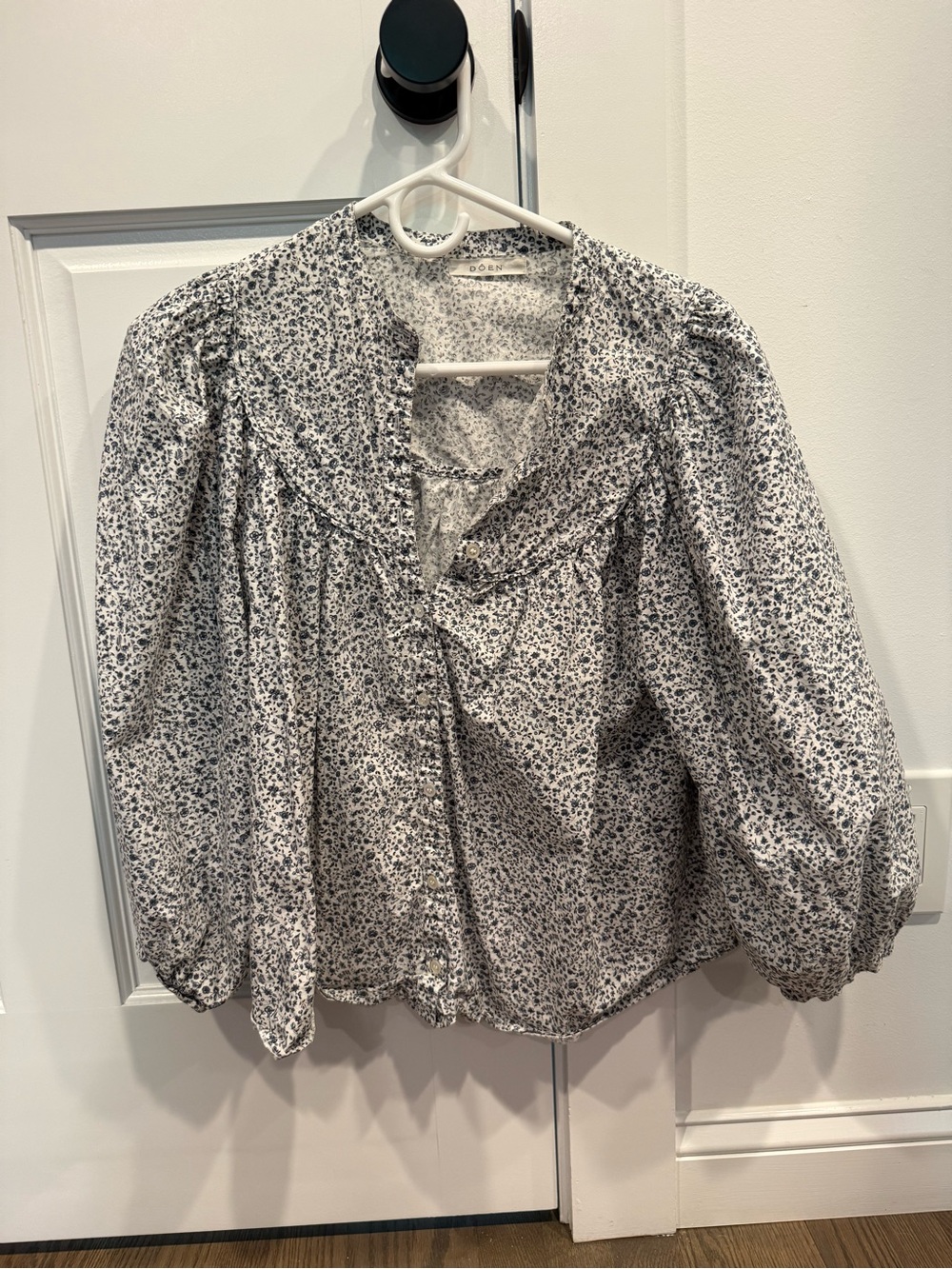 Doen Cream Blouse Top with Blue Floral Print